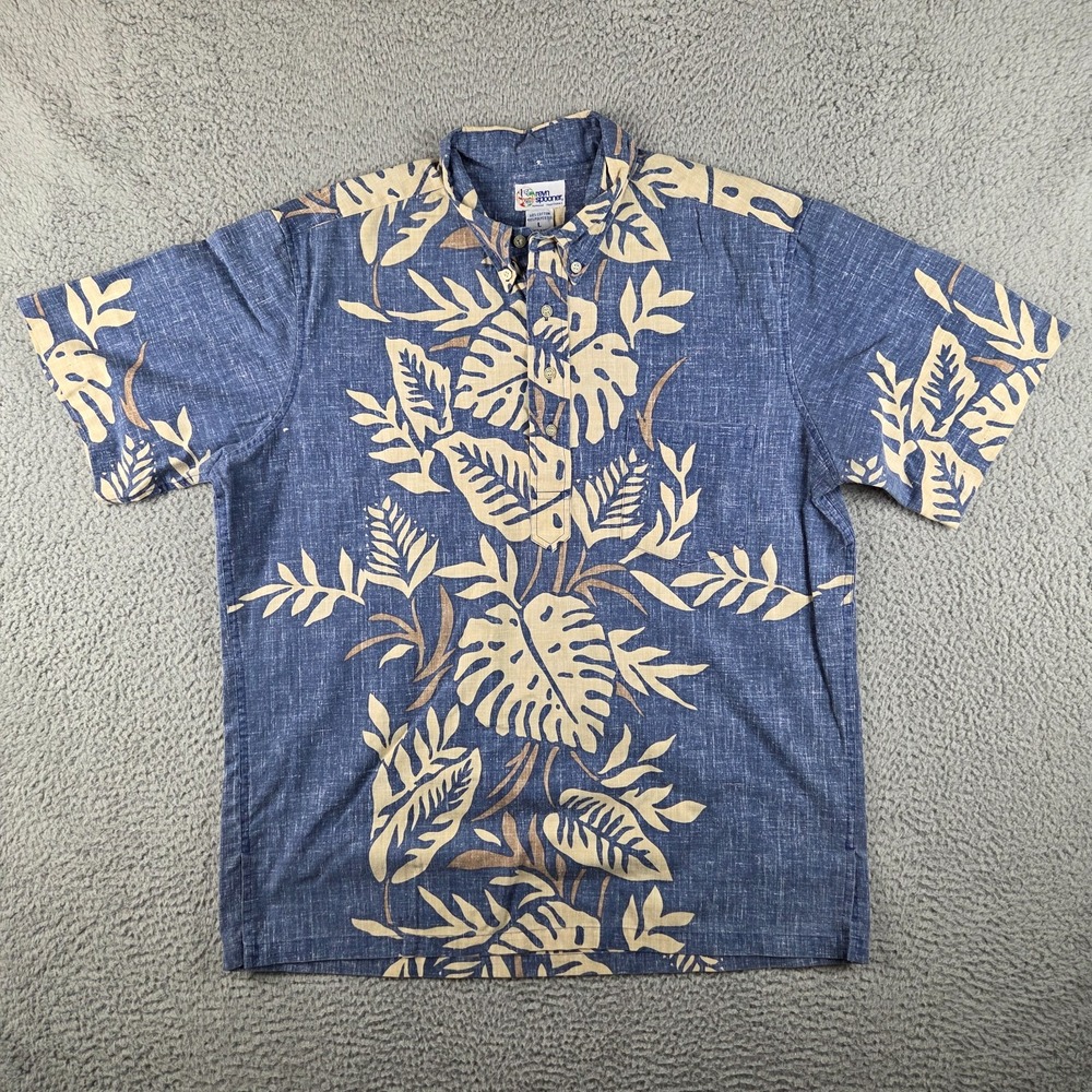 Reyn Spooner Cotton Blend Blue Monstera Leaf Hawaiian Aloha Button Up Shirt L